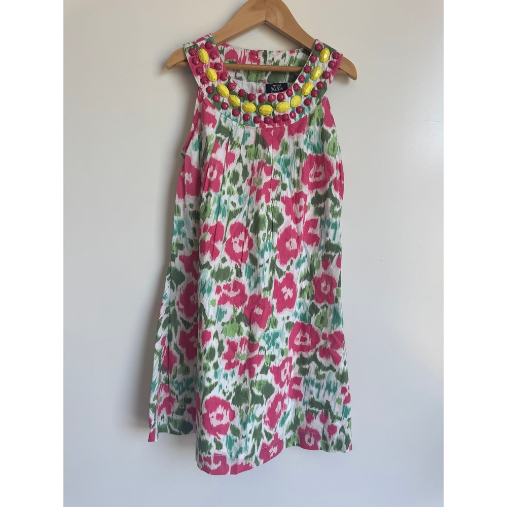 Mini Boden Girls Pink Green Ikat Floral A-Line Dress Beaded Neck 10Y 100‎ Cotton